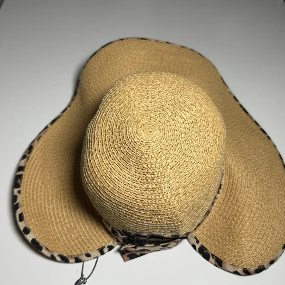 Vince Camuto Womens Backless Straw Sun Hat Leopard Print Trim Adjustable Brown